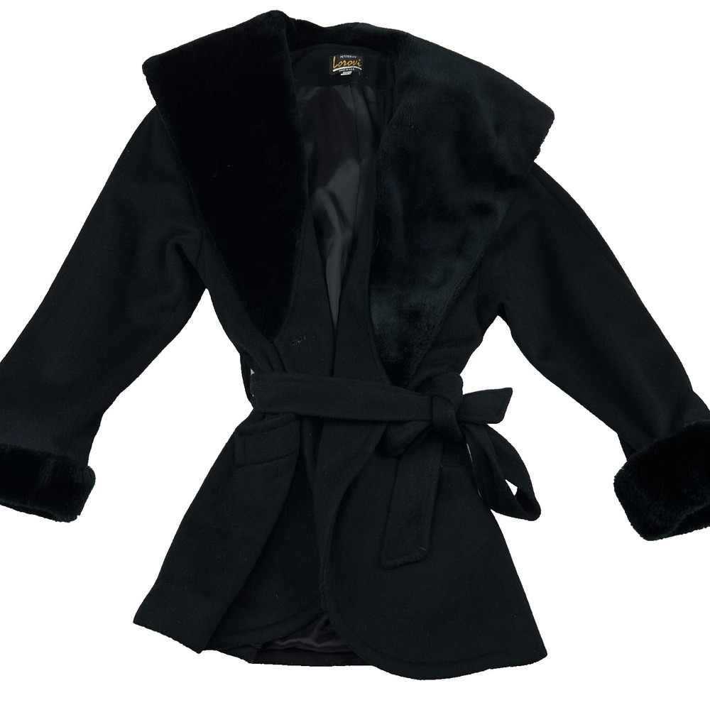 VTG Petites Lorovi Wrap Coat Women Petite Wool Black Shawl Collar Tie Waist Hood